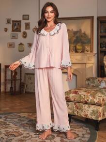 PalaceNights 花卉刺绣荷叶边袖睡衣套装/睡衣套装假日季节 - 淺粉色 - 查看 4