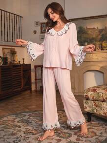 PalaceNights 花卉刺绣荷叶边袖睡衣套装/睡衣套装假日季节 - 淺粉色 - 查看 6