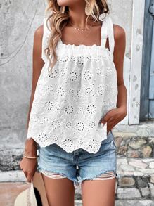 SHEIN VCAY 網眼刺繡貝殼邊吊帶上衣 - 白色 - 查看 7