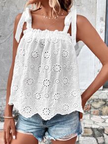 SHEIN VCAY 網眼刺繡貝殼邊吊帶上衣 - 白色 - 查看 8