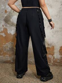 ROMWE Grunge Punk Plus Grommet Eyelet Detail Flap Pocket Side Cargo Pants, School - Black - View 2