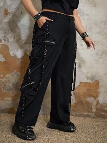 ROMWE Grunge Punk Plus Grommet Eyelet Detail Flap Pocket Side Cargo Pants, School - Black - View 3