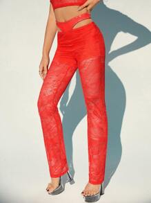 SHEIN X KeniaOs SHEIN ICON Cut Out Waist Rhinestone Detail Skinny Pants - Orange - View 7