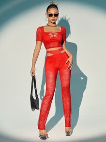 SHEIN X KeniaOs SHEIN ICON Cut Out Waist Rhinestone Detail Skinny Pants - Orange - View 3