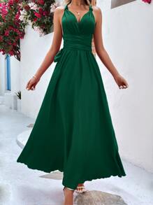SHEIN Holidaya Solid Tie Backless Cami Dress - Green - View 3