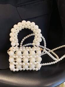 女孩人造珍珠串珠方形包迷你米色