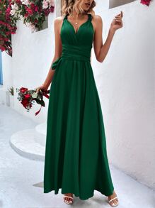 SHEIN Holidaya Solid Tie Backless Cami Dress - Green - View 4