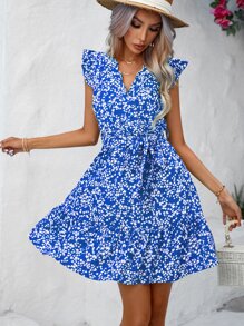 SHEIN VCAY Ditsy Floral Print Ruffle Trim Belted Dress - Blue - View 3