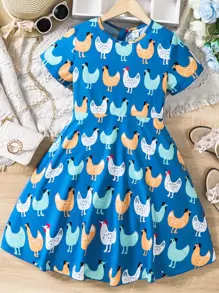 SHEIN Girls Cartoon Graphic A-line Dress - Blue - View 1