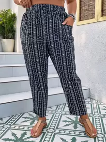 SHEIN VCAY Plus Geo Print Tie Waist Trousers - Black and White - View 5