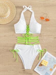 Bộ bikini đi biển mùa hè có dây buộc vòng - trắng - Xem 6
