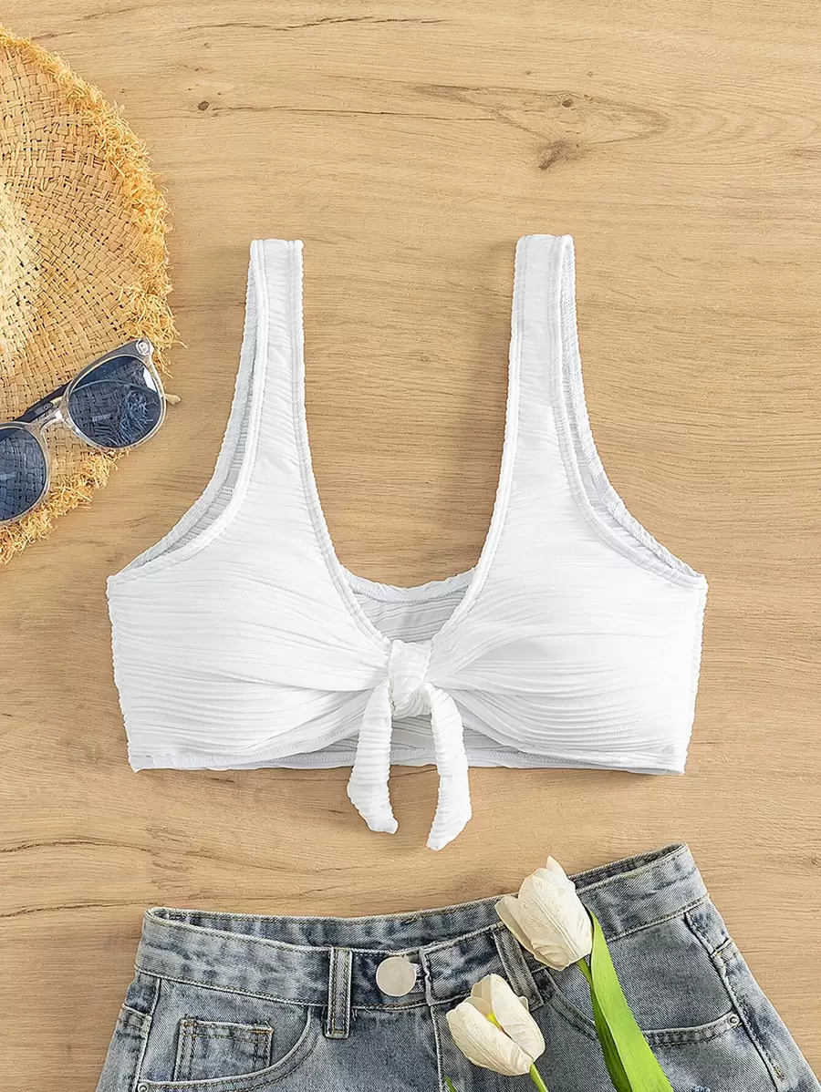 Áo Tops Bikini Nữ Thắt nút màu trơn - trắng - Xem 1