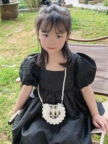 女孩人造珍珠串珠方形包迷你米色