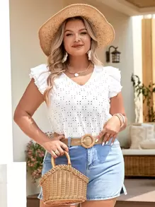 SHEIN VCAY 大碼1入組網眼刺繡荷葉邊蝴蝶袖T恤 - 白色 - 查看 1