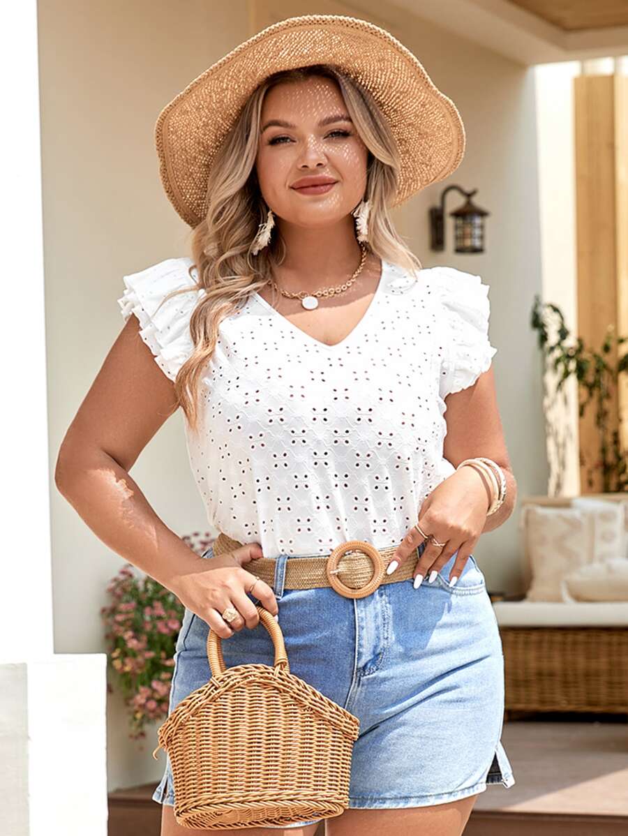 SHEIN VCAY 大碼1入組網眼刺繡荷葉邊蝴蝶袖T恤 - 白色 - 查看 1