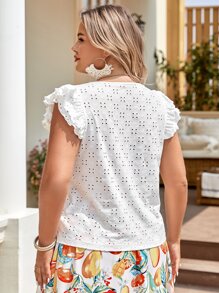 SHEIN VCAY 大碼1入組網眼刺繡荷葉邊蝴蝶袖T恤 - 白色 - 查看 7