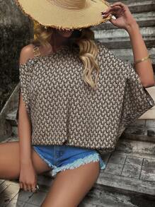 SHEIN LUNE Allover Print Chain Detail Asymmetrical Neck Batwing Sleeve Blouse - Khaki - View 4