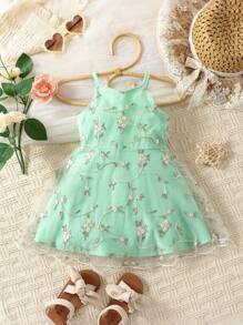 Baby Floral Embroidery Mesh Overlay Cami Dress - Mint Green - View 1