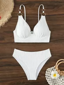 SHEIN Swim Women's Solid Color Ring Connected Sexy Bikini Swimsuit Set, Non-Push Up With Underwire - White - View 2