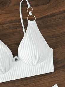 SHEIN Swim Women's Solid Color Ring Connected Sexy Bikini Swimsuit Set, Non-Push Up With Underwire - White - View 4