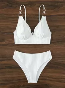 SHEIN Swim Women's Solid Color Ring Connected Sexy Bikini Swimsuit Set, Non-Push Up With Underwire - White - View 6