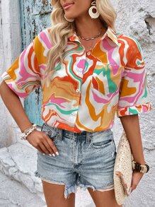 SHEIN VCAY Allover Print Drop Shoulder Shirt - Multicolor - View 4
