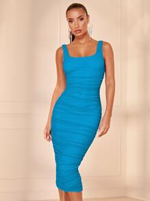SHEIN BAE Solid Ruched Mesh Bodycon Dress - Mint Blue - View 1
