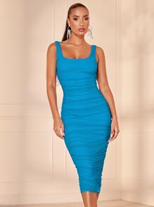 SHEIN BAE Solid Ruched Mesh Bodycon Dress - Mint Blue - View 5