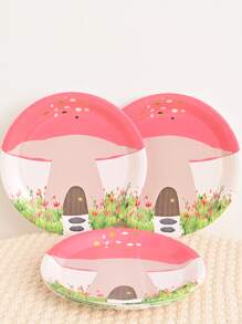 10pcs/set Paper Disposable Plate, Cartoon Mushroom Print Disposable Dinner Plate For Party - Pink - View 2