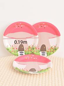 10pcs/set Paper Disposable Plate, Cartoon Mushroom Print Disposable Dinner Plate For Party - Pink - View 3