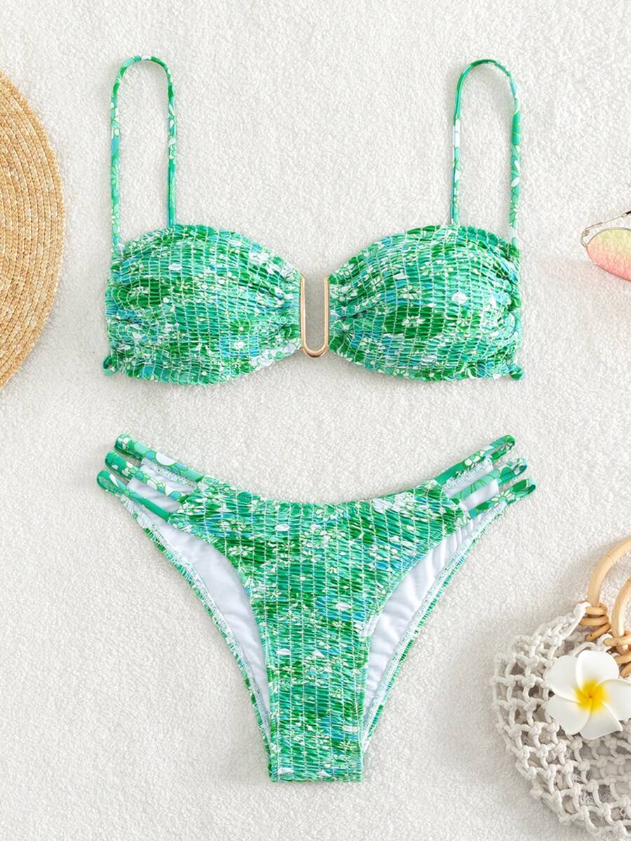 Swim Mod Summer Beach Floral Print Bikini Set V-Wired Smocked Cami Bra & Cheeky Bottom 2 Piece Bathing Suit - Green - View 1