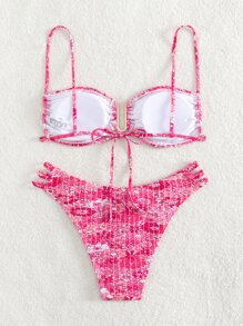 SHEIN Swim Mod 夏季花卉印花比基尼套装 V 型钢圈褶饰吊带文胸和性感下装 2 件套泳衣 - 彩色 - 查看 2