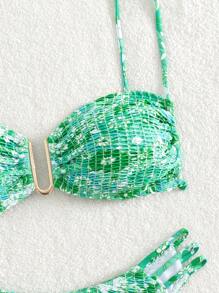 Swim Mod Summer Beach Floral Print Bikini Set V-Wired Smocked Cami Bra & Cheeky Bottom 2 Piece Bathing Suit - Green - View 3