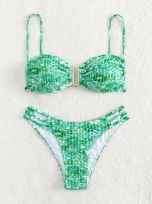 Swim Mod Summer Beach Floral Print Bikini Set V-Wired Smocked Cami Bra & Cheeky Bottom 2 Piece Bathing Suit - Green - View 4