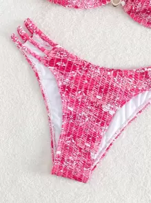SHEIN Swim Mod 夏季花卉印花比基尼套装 V 型钢圈褶饰吊带文胸和性感下装 2 件套泳衣 - 彩色 - 查看 5