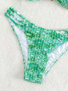 Swim Mod Summer Beach Floral Print Bikini Set V-Wired Smocked Cami Bra & Cheeky Bottom 2 Piece Bathing Suit - Green - View 5