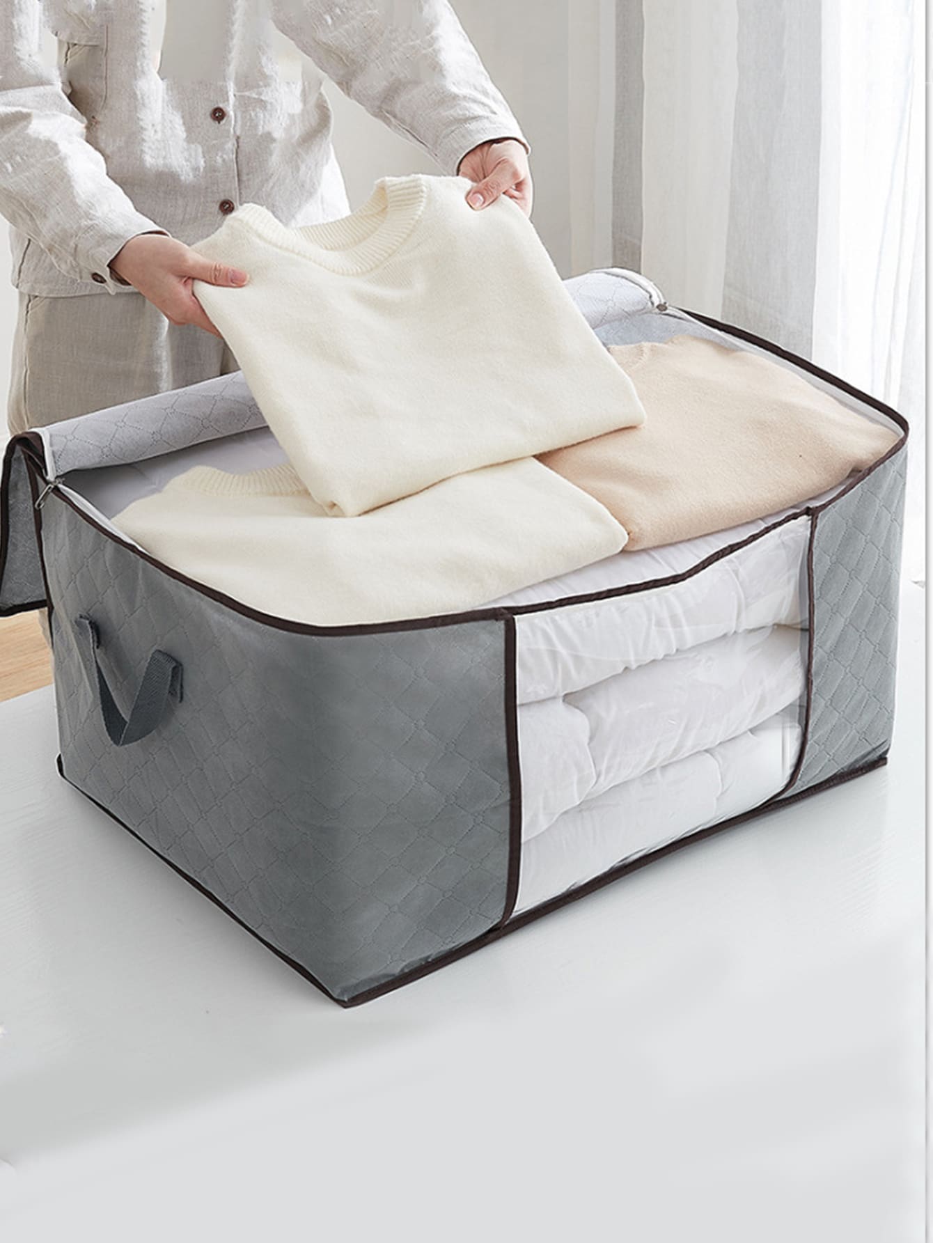 1 túi đựng quần áo màu xám, túi đựng đồ bằng vải không dệt tối giản có thể gấp lại để trang trí nhà cửa, trang trí lễ hội, trang trí mùa thu, trang trí phòng, trang trí nhà cửa, trang trí mùa thu, trang trí phòng ngủ - Xám - Xem 1