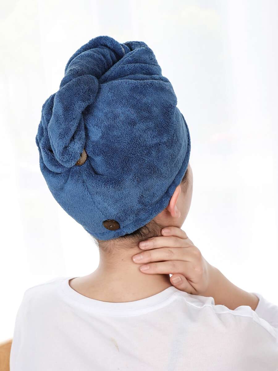 1pc Solid Color Hair Towel, Modern Fabric Plain Color Button Decor Hair Drying Cap For Bathroom - Blue - View 1