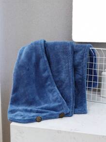1pc Solid Color Hair Towel, Modern Fabric Plain Color Button Decor Hair Drying Cap For Bathroom - Blue - View 2
