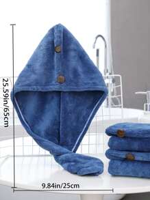 1pc Solid Color Hair Towel, Modern Fabric Plain Color Button Decor Hair Drying Cap For Bathroom - Blue - View 3