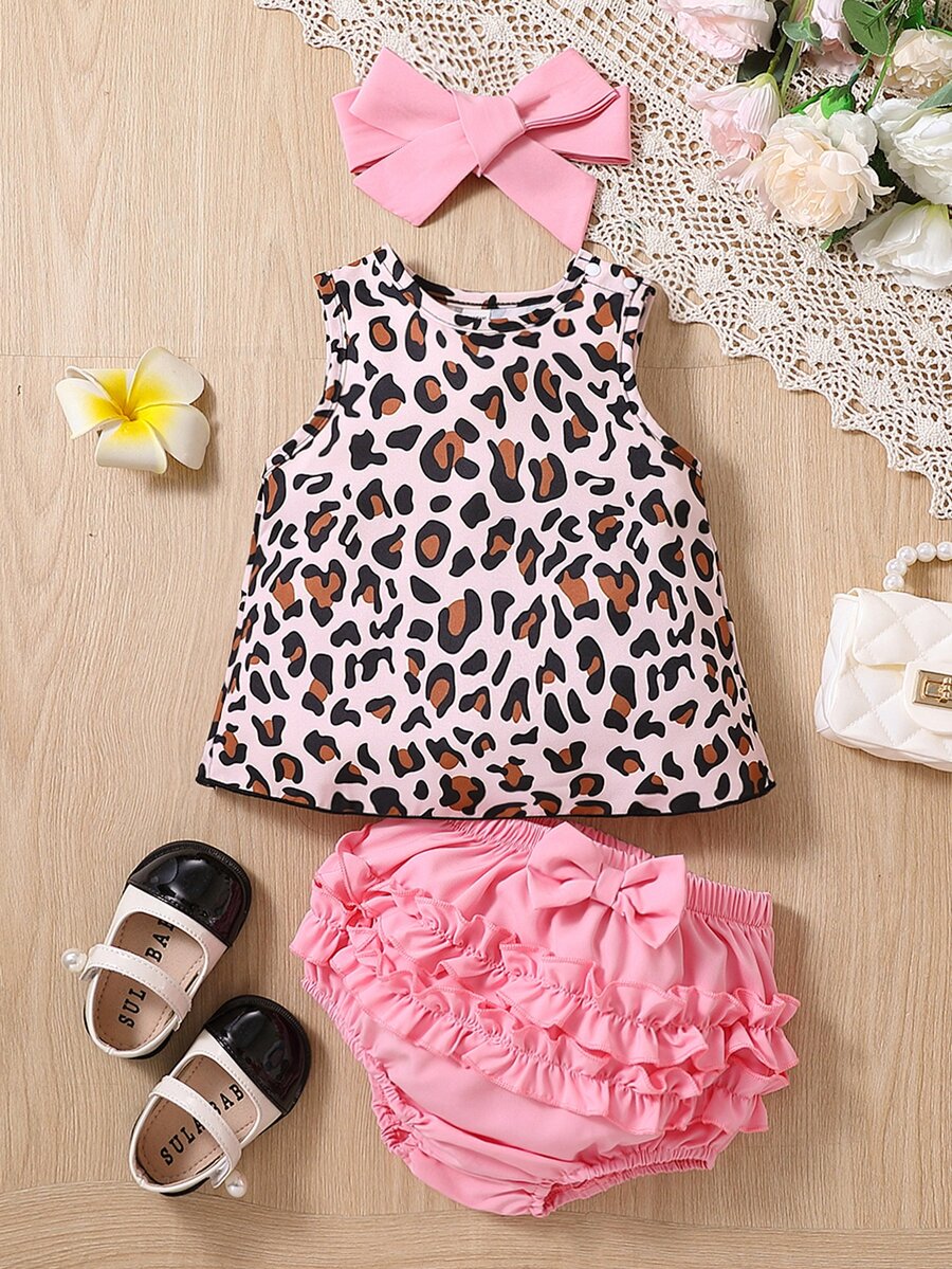 嬰兒豹紋印花背心上衣和荷葉邊前蝴蝶結短褲和頭巾 - 彩色 - 查看 1