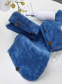 1pc Solid Color Hair Towel, Modern Fabric Plain Color Button Decor Hair Drying Cap For Bathroom - Blue - View 6