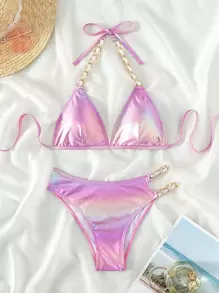 Swim EVENT Summer Beach Chain Linked Halter Triangle Bikini Set - Pink - View 1