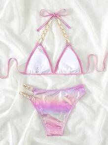 Swim EVENT Summer Beach Chain Linked Halter Triangle Bikini Set - Pink - View 2