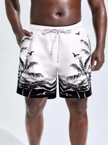 Manfinity Men Coconut Tree Print Drawstring Waist Swim Trunks - White - View 1