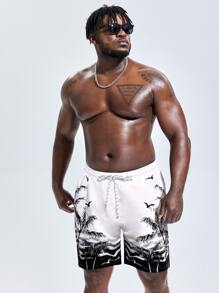 Manfinity Men Coconut Tree Print Drawstring Waist Swim Trunks - White - View 4