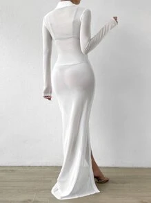 SHEIN Privé Button Through Sheer Mesh Shirt Dress Without Lingerie Set - White - View 2