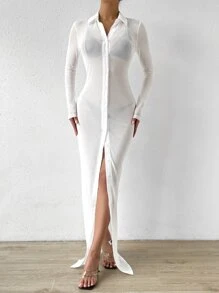 SHEIN Privé Button Through Sheer Mesh Shirt Dress Without Lingerie Set - White - View 5