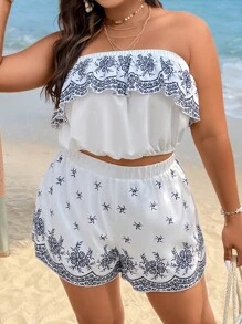 SHEIN Holidaya Plus Floral Print Ruffle Trim Tube Top & Shorts - Black and White - View 8