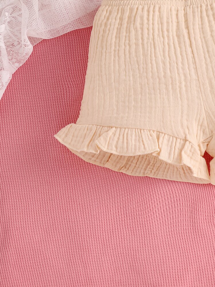 Baby Bow Front Ruffle Hem Tank Top & Ruffle Hem Shorts - Apricot - View 3